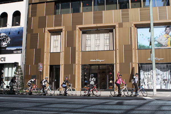 Cyclists in Ginza on bike tour